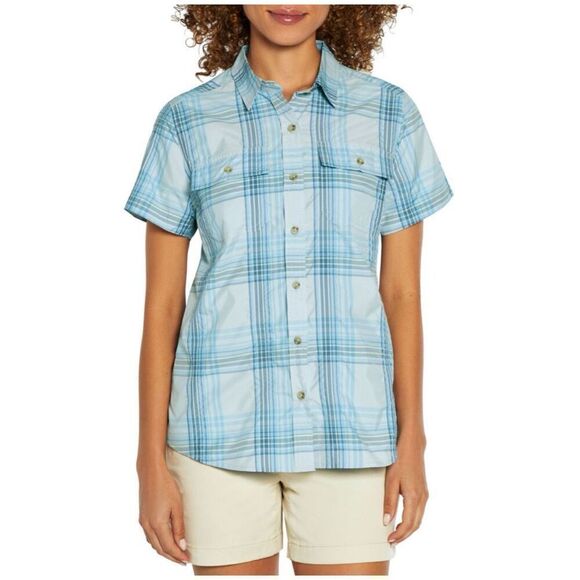 NEW Eddie Bauer Adventure Shirt Women’s Large Short Sleeve Blue White Plaid NWT - Picture 1 of 15